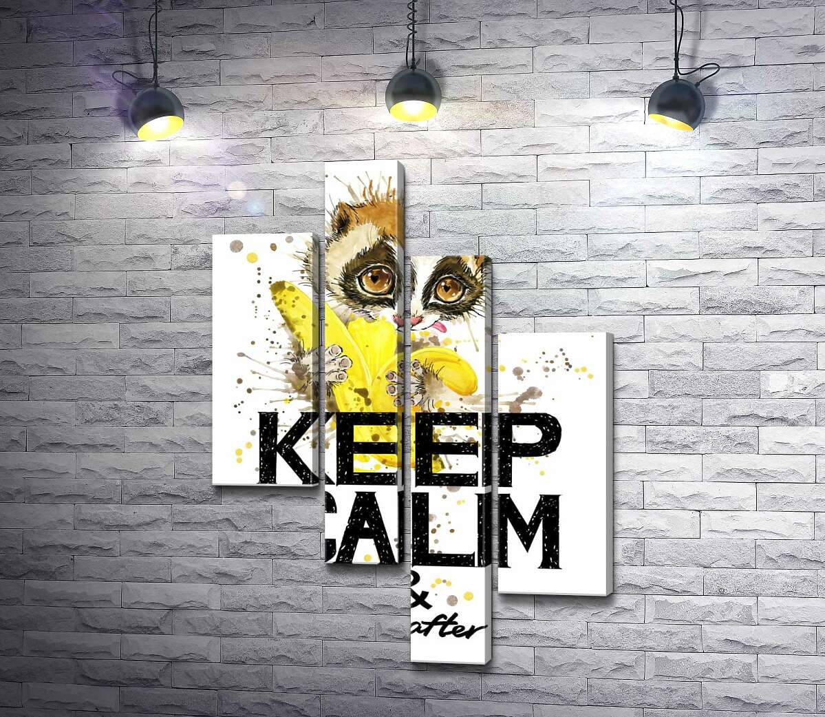 

Модульная картина ArtPoster Маленький лемур ест банан над надписью "keep calm and don't eat after 6 p.m." 130x191 см Модуль №20