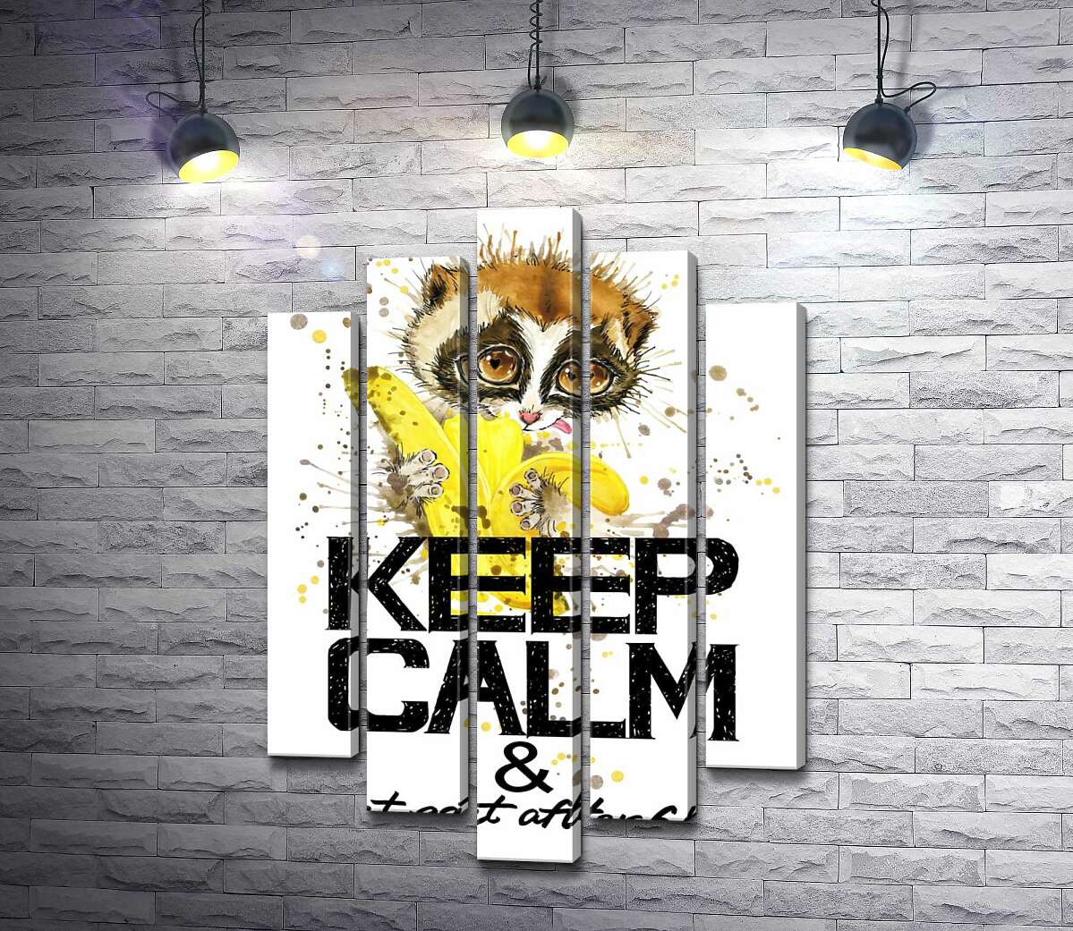 

Модульная картина ArtPoster Маленький лемур ест банан над надписью "keep calm and don't eat after 6 p.m." 130x192 см Модуль №26