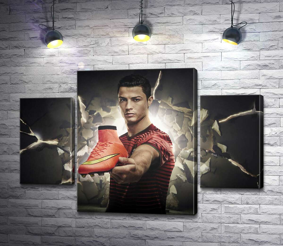 

Модульная картина ArtPoster Криштиану Роналду (Cristiano Ronaldo) рекламирует футбольные бутсы от фирмы Nike 131x89 см Модуль №7