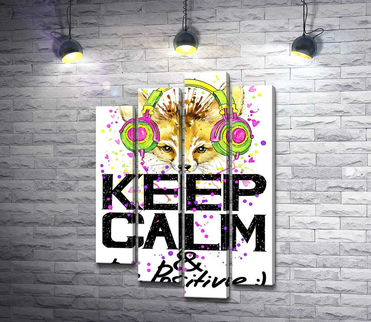 

Модульная картина ArtPoster Лиса фенек в ярких наушниках над надписью "keep calm and be positive" 80x118 см Модуль №21