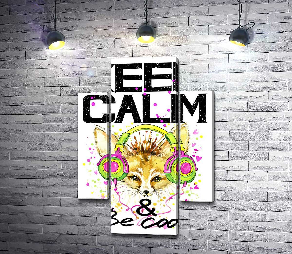 

Модульная картина ArtPoster Лиса фенек в наушниках среди надписи "keep calm and be cool" 131x190 см Модуль №7