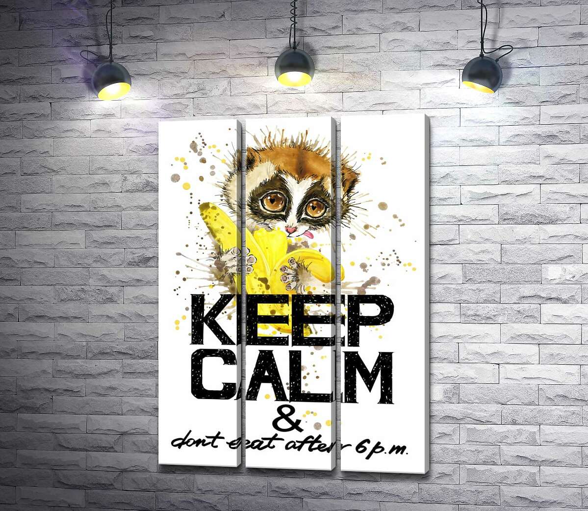 

Модульная картина ArtPoster Маленький лемур ест банан над надписью "keep calm and don't eat after 6 p.m." 102x146 см Модуль №11