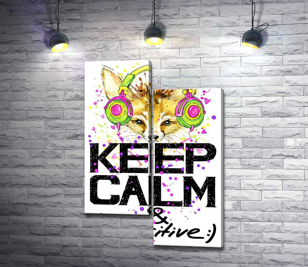 

Модульная картина ArtPoster Лиса фенек в ярких наушниках над надписью "keep calm and be positive" 100x147 см Модуль №5