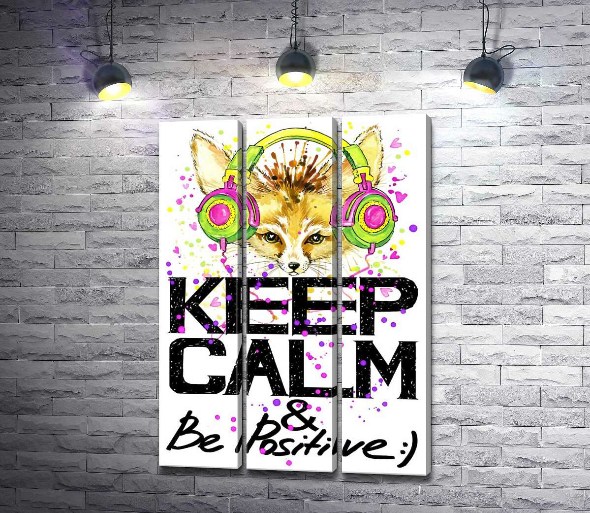 

Модульная картина ArtPoster Лиса фенек в ярких наушниках над надписью "keep calm and be positive" 102x146 см Модуль №11