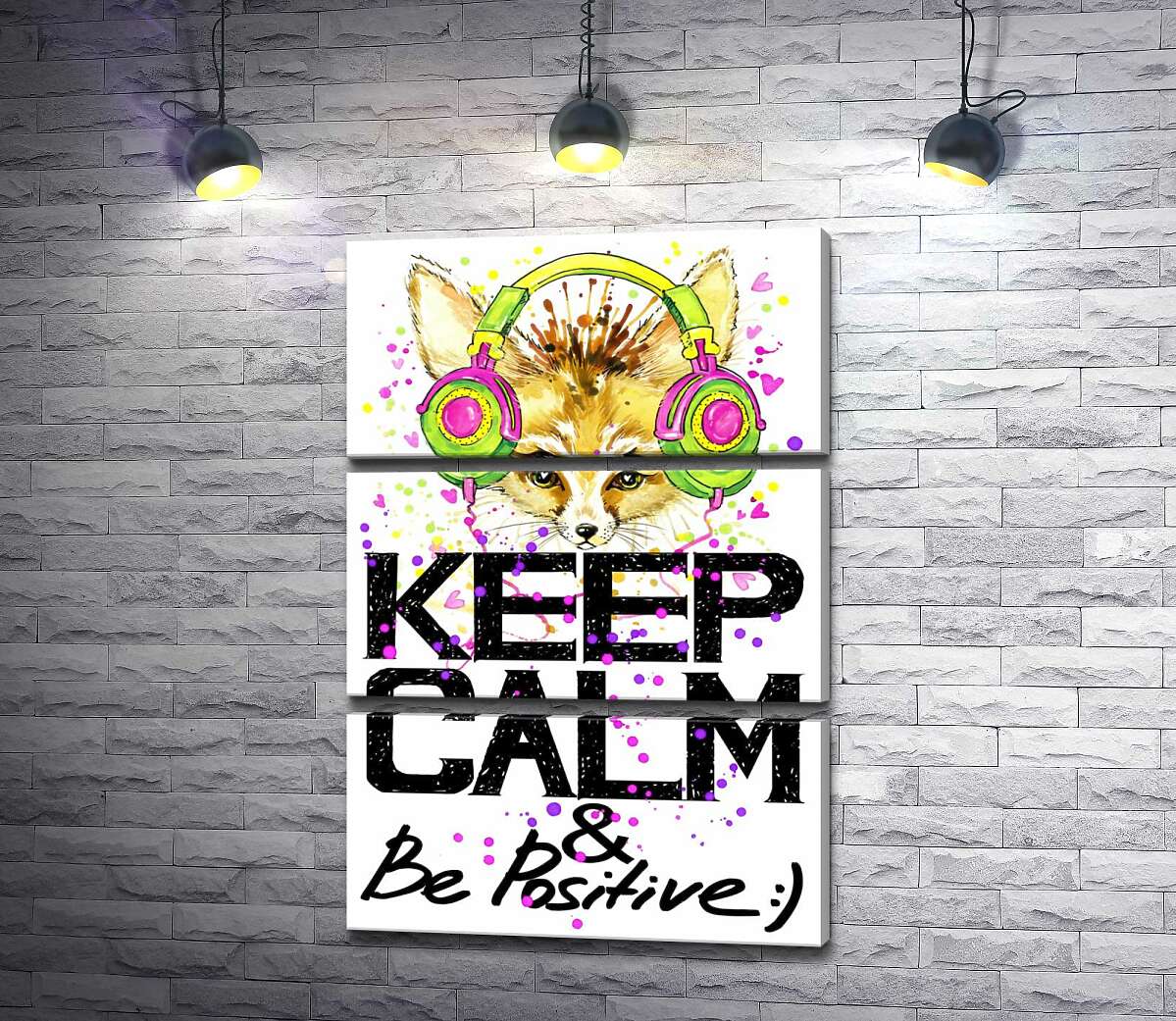

Модульная картина ArtPoster Лиса фенек в ярких наушниках над надписью "keep calm and be positive" 100x147 см Модуль №13