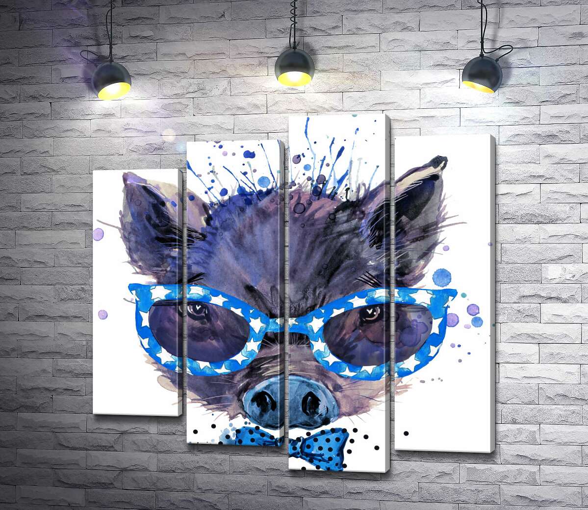 

Модульная картина ArtPoster Модный кабанчик в звездных очках и синем галстуке-бабочке 132x131 см Модуль №21