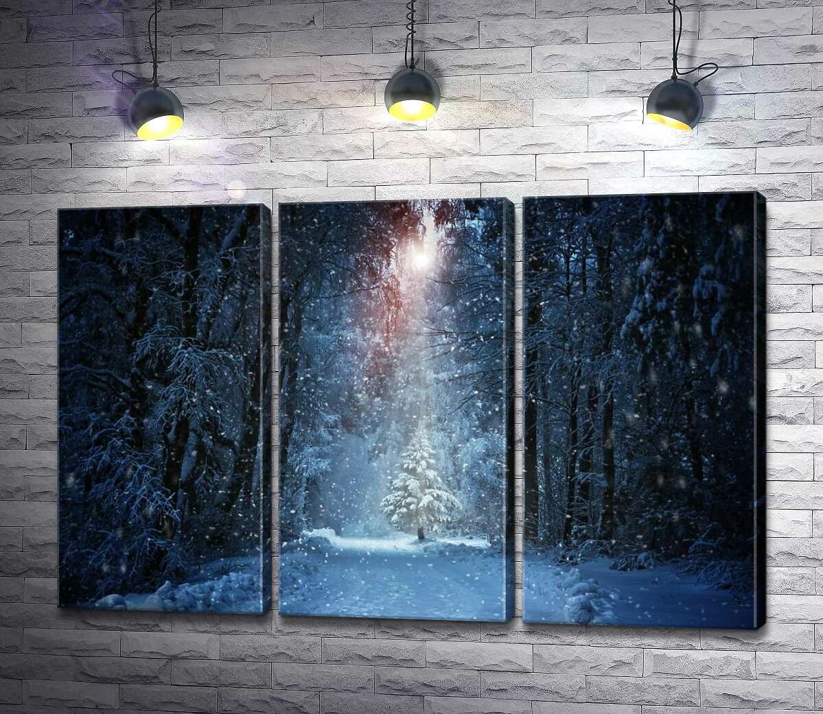 

Модульная картина ArtPoster Луч света падает на маленькую заснеженную елку в вечернем лесу 102x67 см Модуль №11