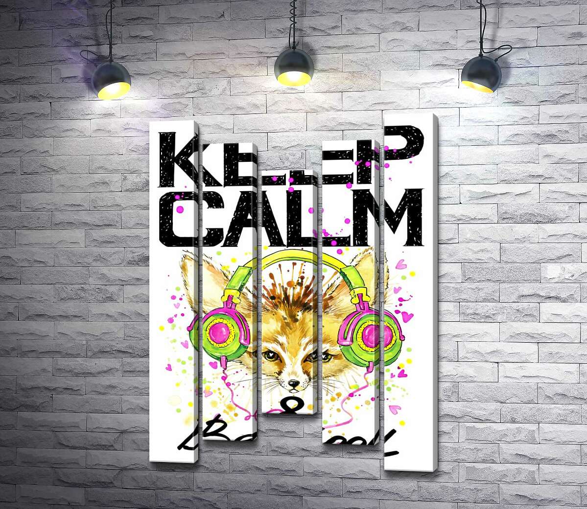 

Модульная картина ArtPoster Лиса фенек в наушниках среди надписи "keep calm and be cool" 100x148 см Модуль №28