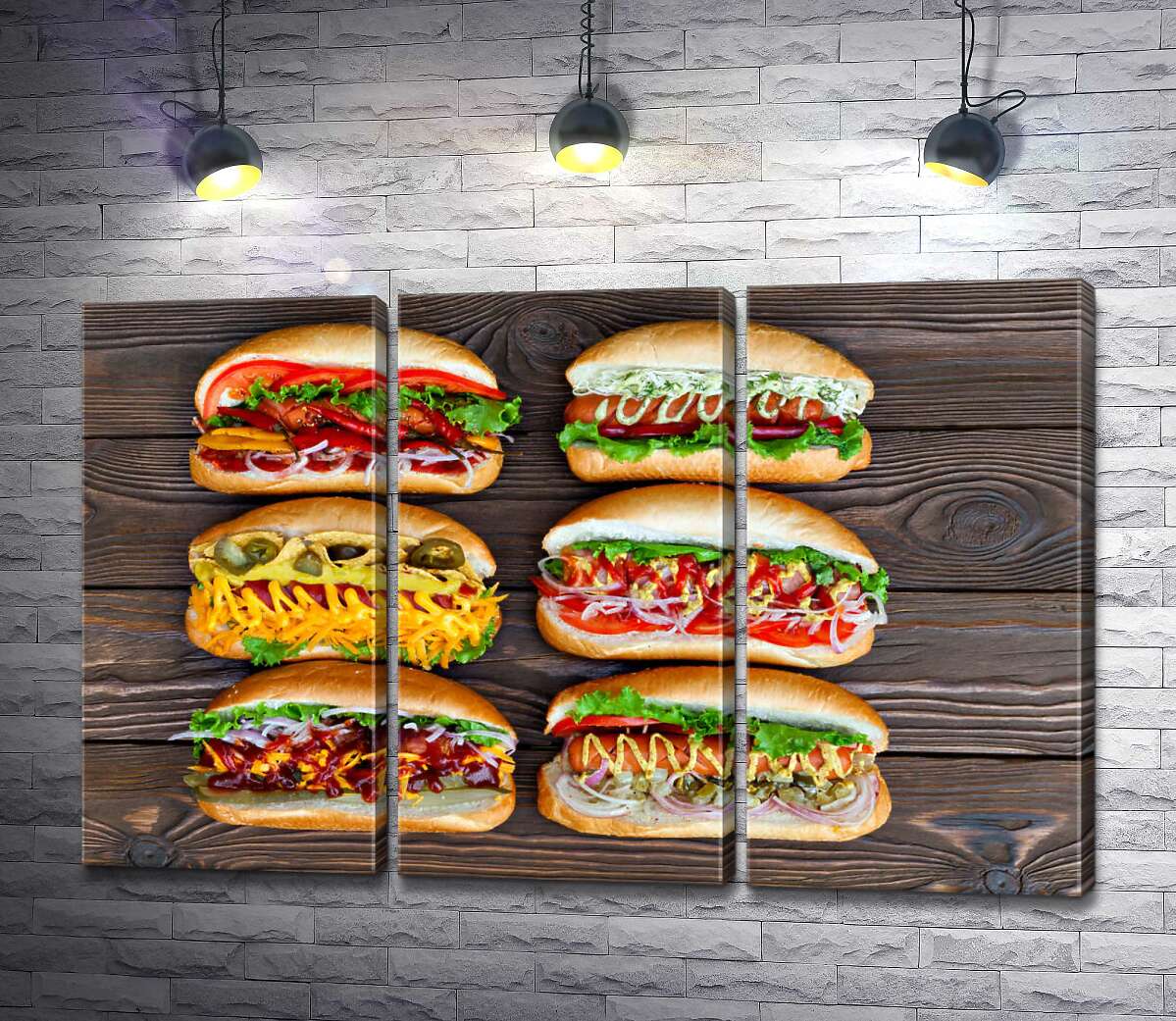 

Модульная картина ArtPoster Красочные разновидности вкусных хот-догов 132x85 см Модуль №11