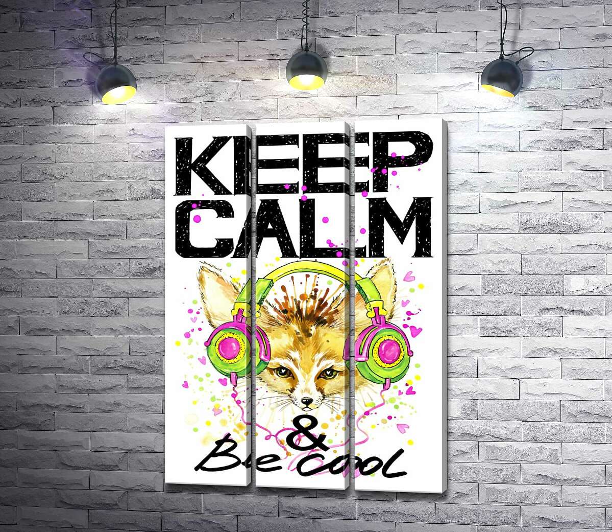 

Модульная картина ArtPoster Лиса фенек в наушниках среди надписи "keep calm and be cool" 132x190 см Модуль №11