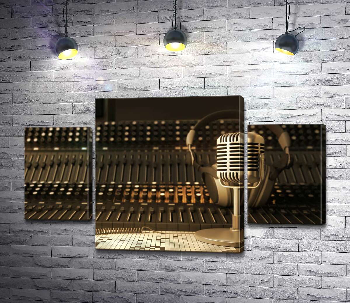 

Модульная картина ArtPoster Микрофон, наушники и микшерный пульт в звукозаписывающей студии 131x78 см Модуль №7
