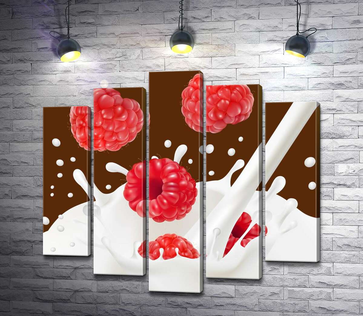 

Модульная картина ArtPoster Красные ягоды малины падают в белый молочный поток 130x123 см Модуль №26