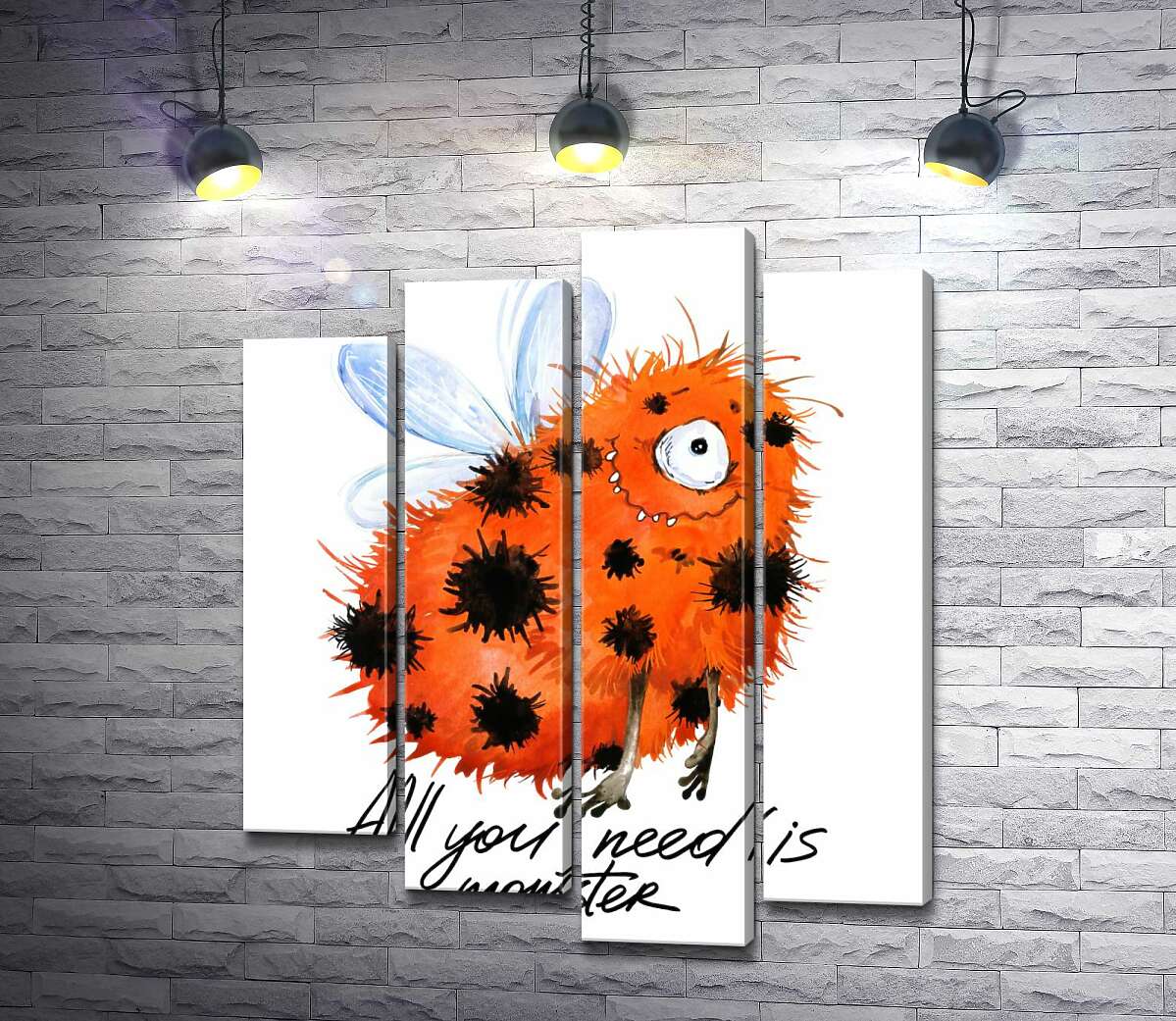 

Модульная картина ArtPoster Красный пятнистый монстр с крыльями и надписью "all you need is monster" 132x156 см Модуль №21