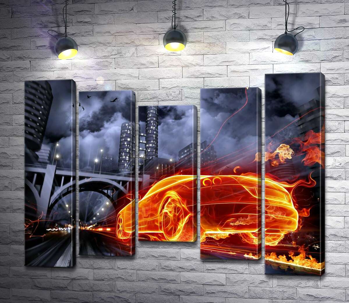 

Модульная картина ArtPoster Огненный призрак автомобиля несется под мост ночного города 130x100 см Модуль №28