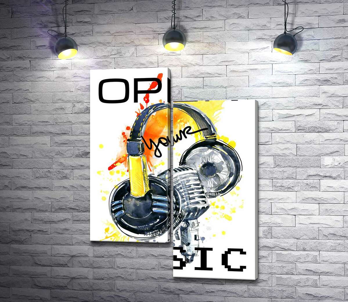 

Модульная картина ArtPoster Наушники и микрофон на оранжевом фоне с надписью "open your music" 50x69 см Модуль №5