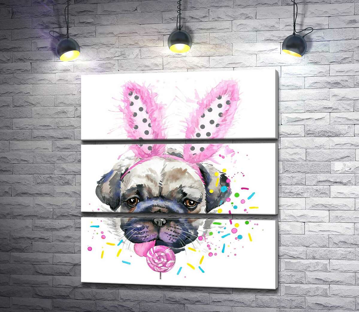 

Модульная картина ArtPoster Мопс с заячьими ушками лижет леденец 130x144 см Модуль №13
