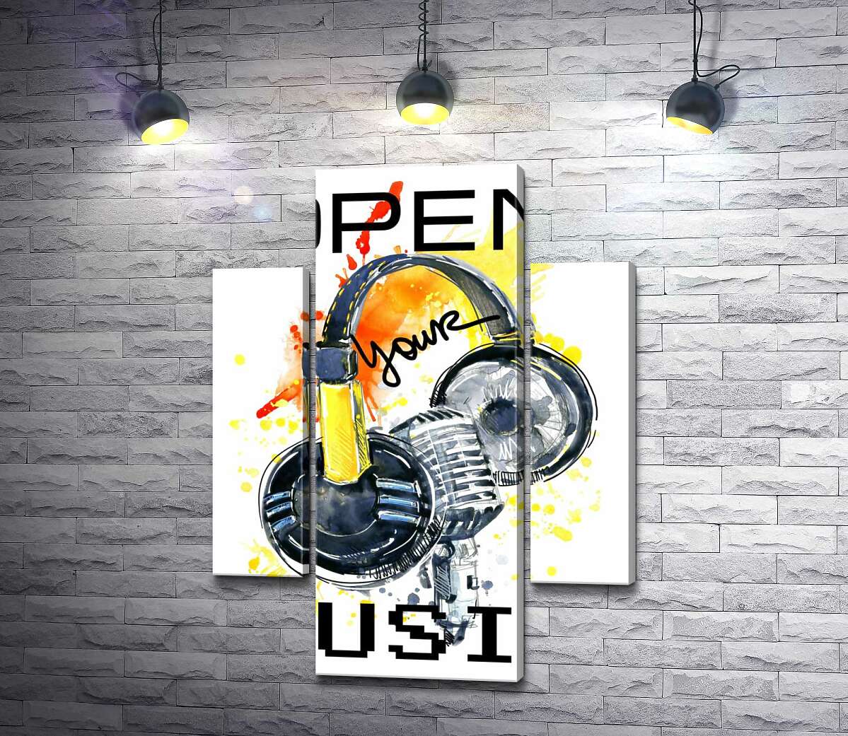 

Модульная картина ArtPoster Наушники и микрофон на оранжевом фоне с надписью "open your music" 100x138 см Модуль №7