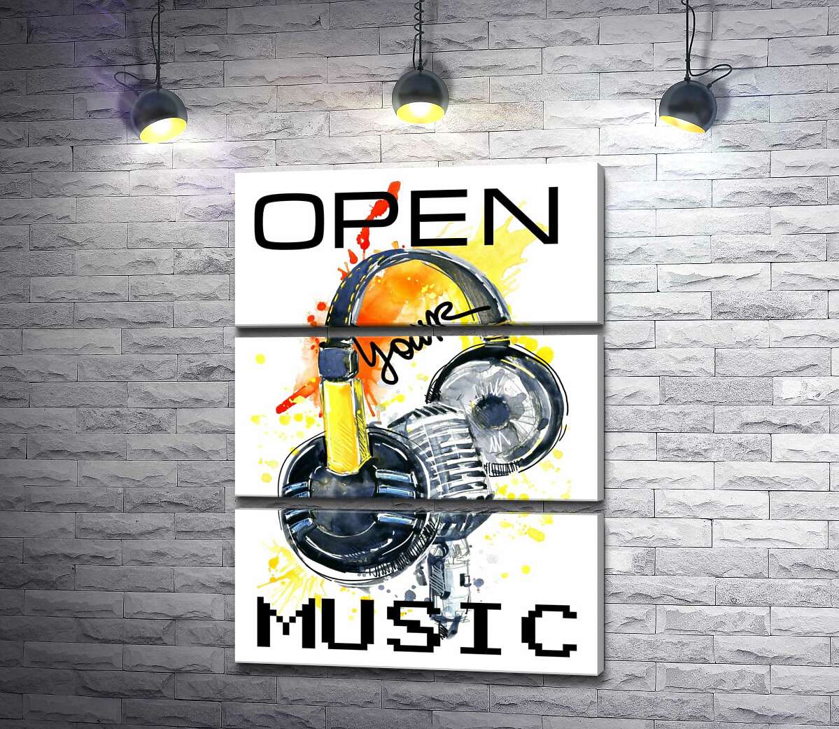 

Модульная картина ArtPoster Наушники и микрофон на оранжевом фоне с надписью "open your music" 50x69 см Модуль №13