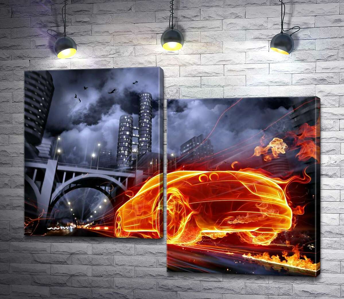 

Модульная картина ArtPoster Огненный призрак автомобиля несется под мост ночного города 130x100 см Модуль №5