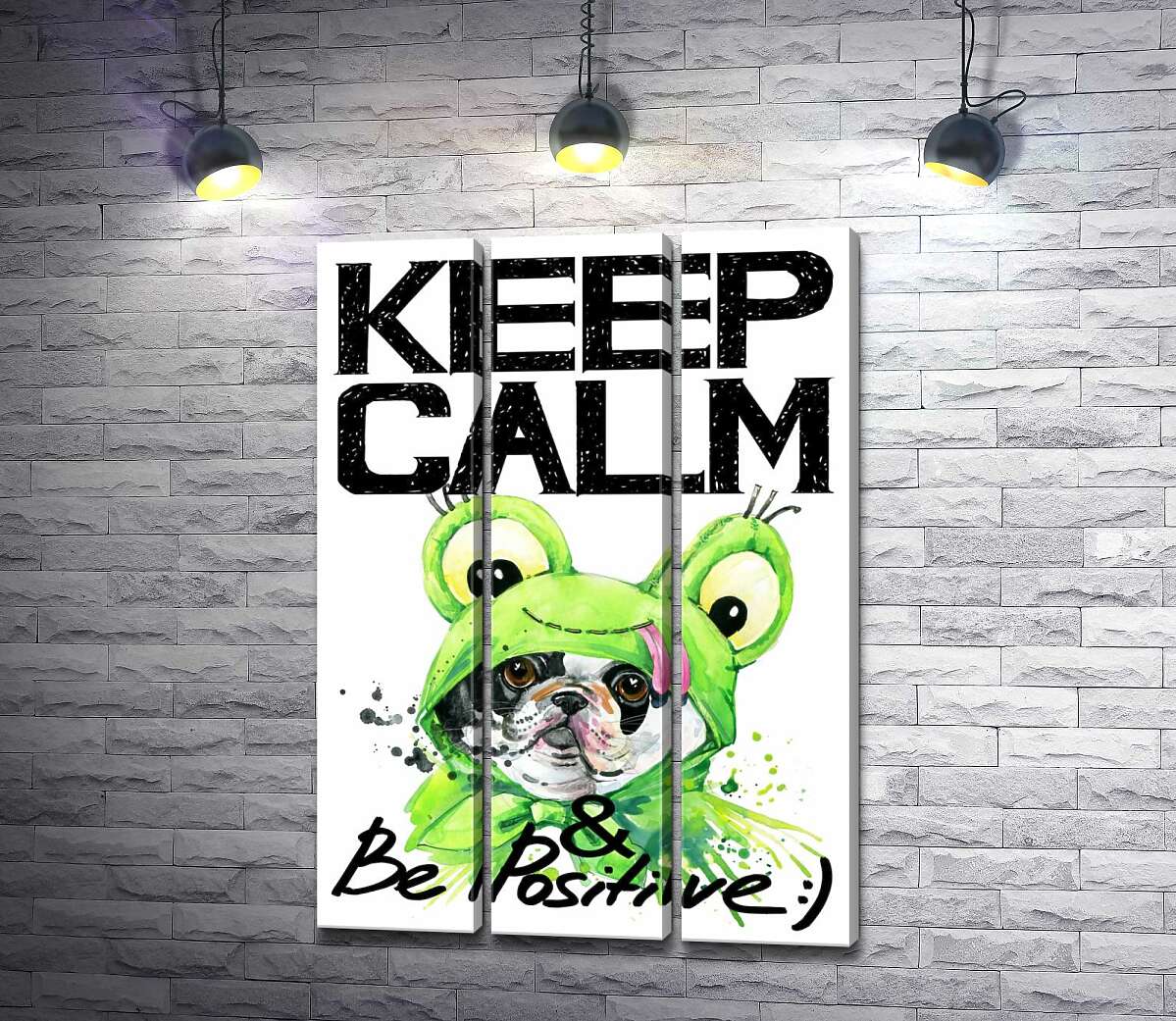 

Модульная картина ArtPoster Мопс в зеленом костюме лягушки под надписью "keep calm and be positive" 60x88 см Модуль №11