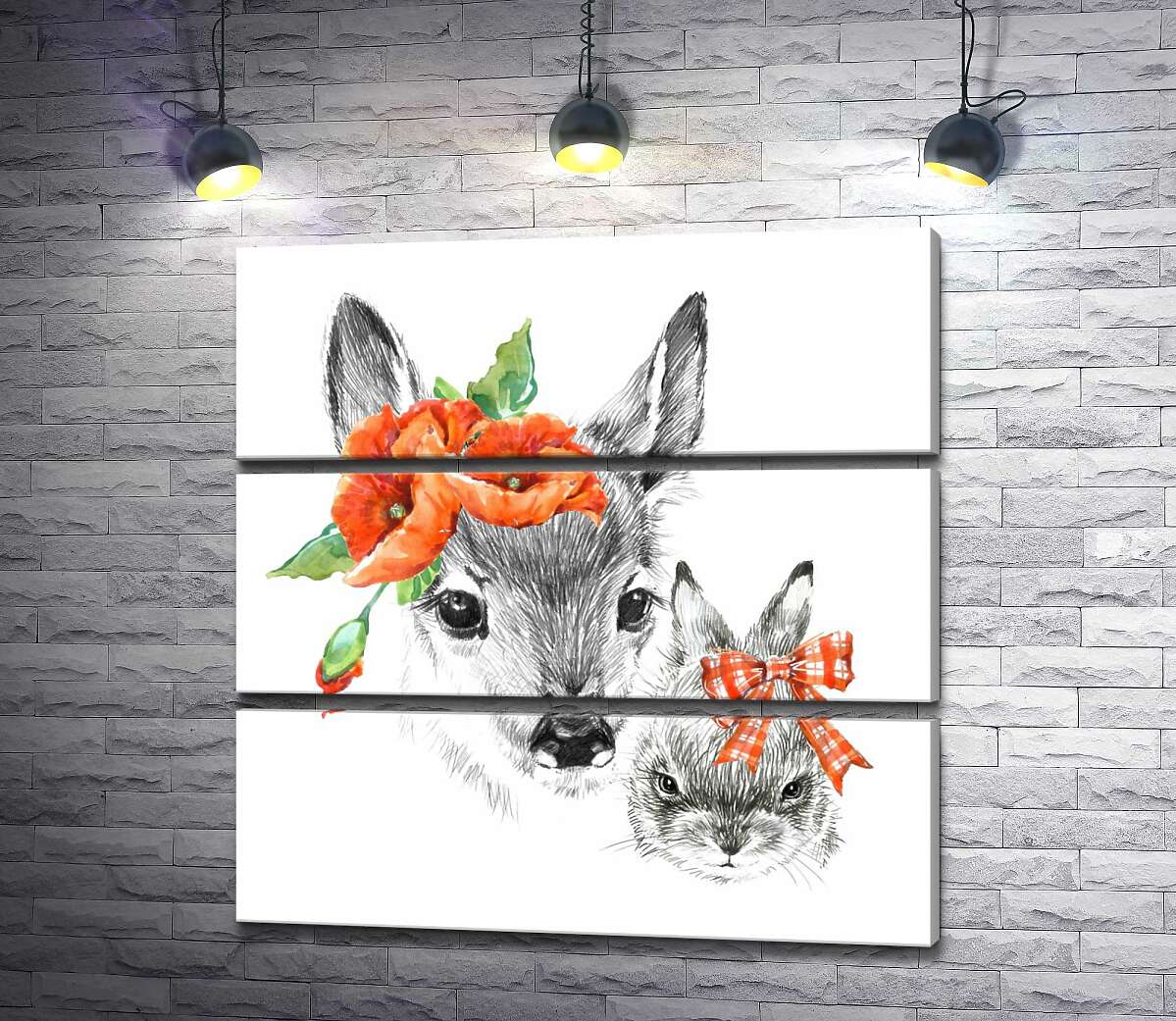 

Модульная картина ArtPoster Олененок с маками возле уха и зайчик с бантиком 100x102 см Модуль №13