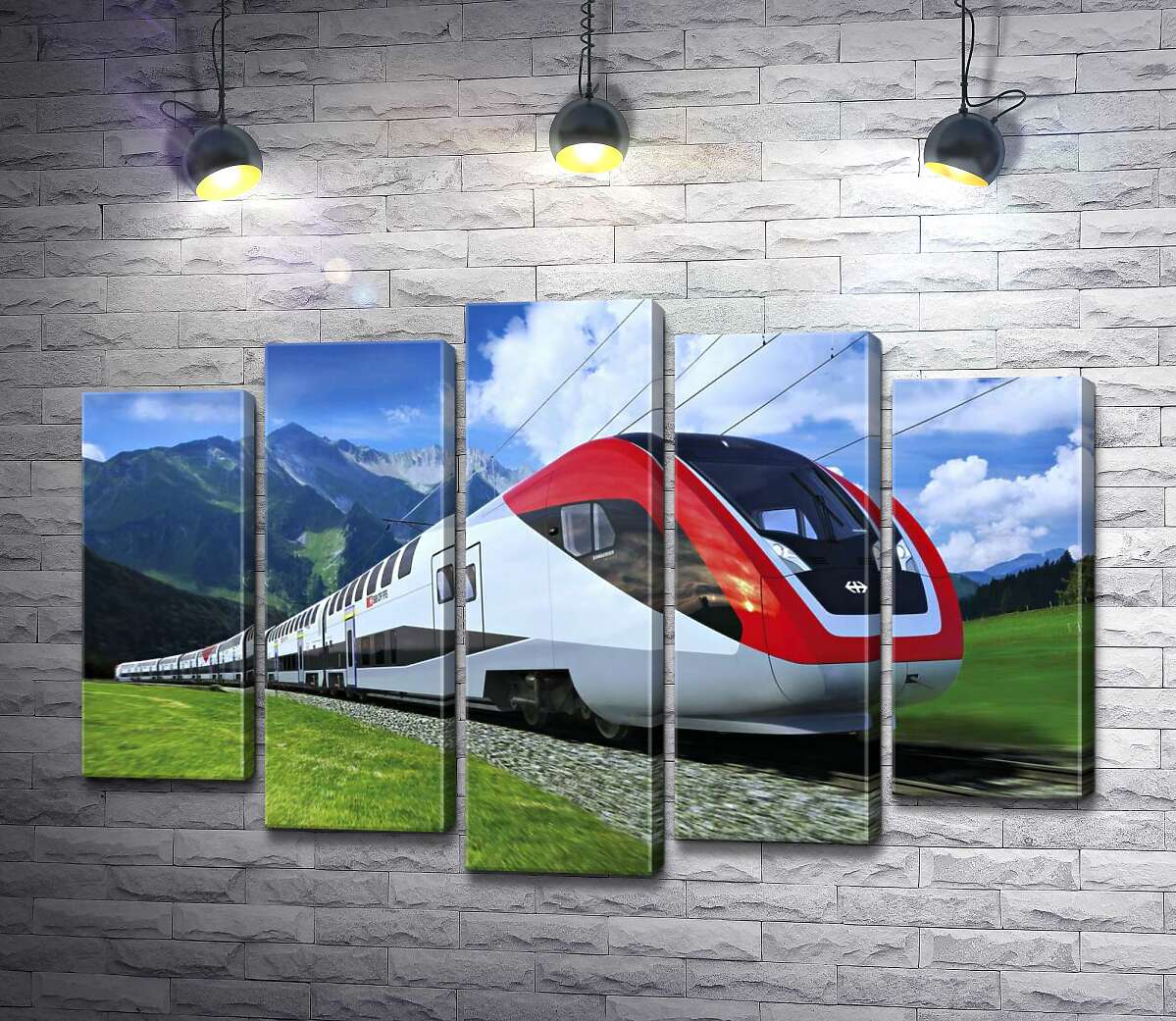 

Модульная картина ArtPoster Новейший поезд несется по железнодорожному пути среди зеленых гор 100x69 см Модуль №26