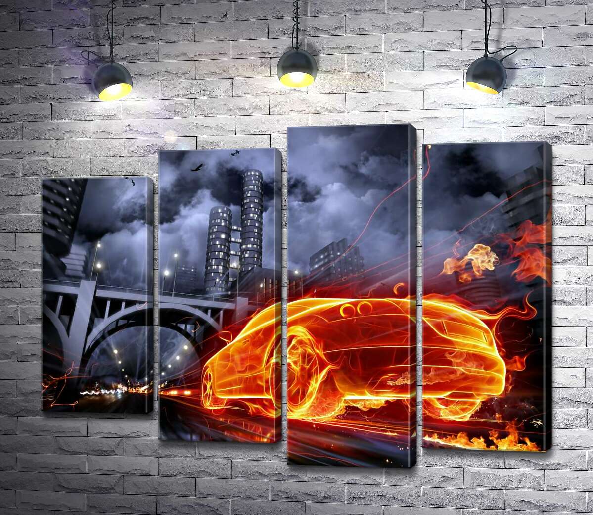 

Модульная картина ArtPoster Огненный призрак автомобиля несется под мост ночного города 132x101 см Модуль №21