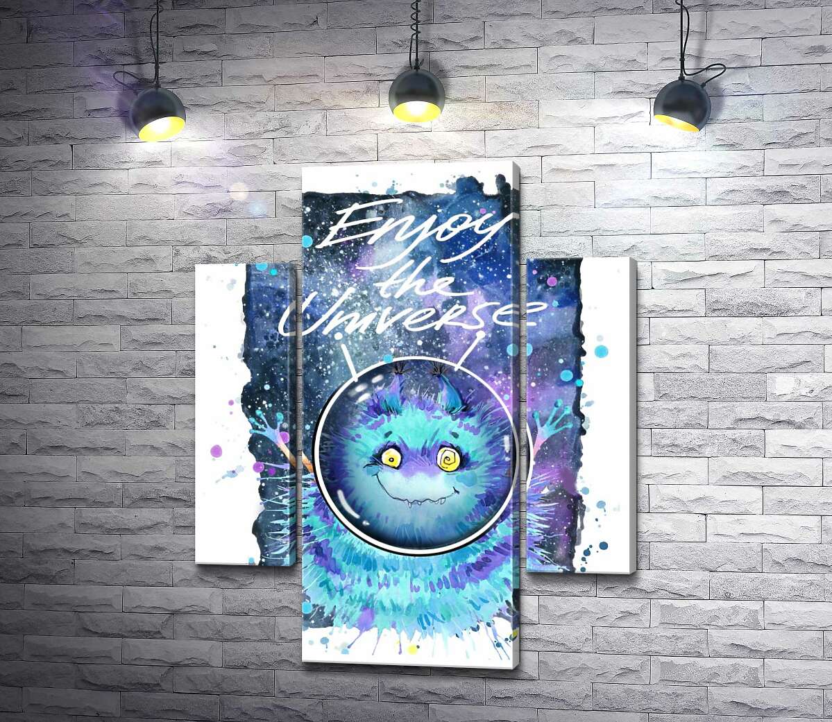 

Модульная картина ArtPoster Монстр с голубой шерстью летает в космосе с надписью "Enjoy the Universe" 131x168 см Модуль №7