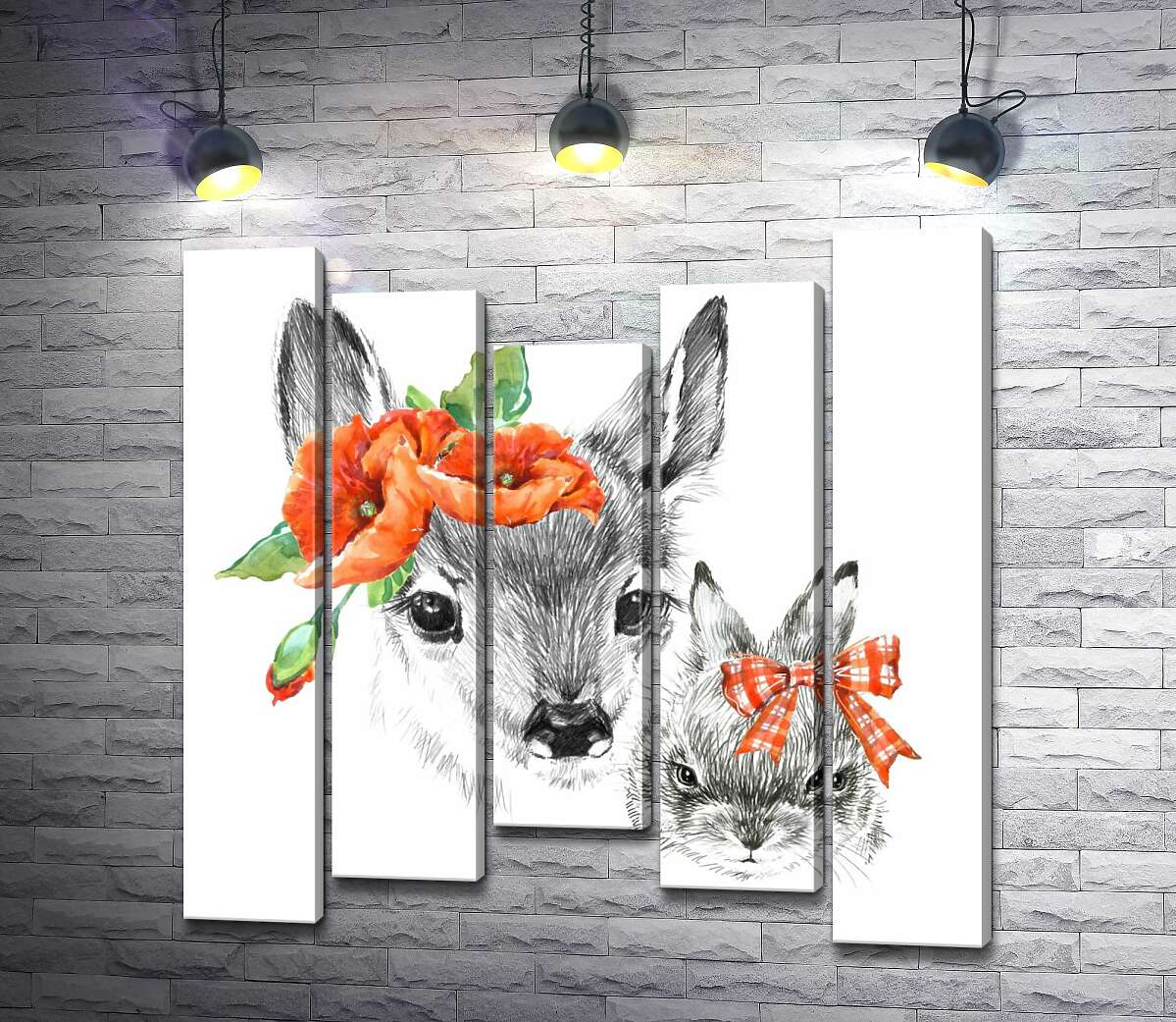

Модульная картина ArtPoster Олененок с маками возле уха и зайчик с бантиком 130x132 см Модуль №28