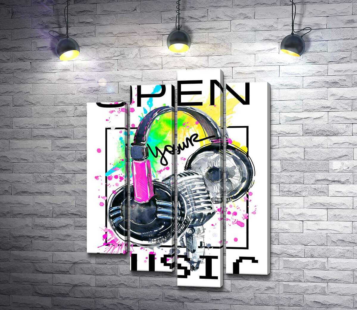

Модульная картина ArtPoster Наушники и микрофон на брызгах желто-зеленого фона с надписью "open your music" 100x138 см Модуль №21