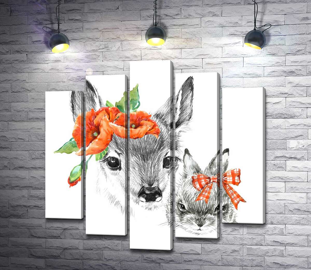 

Модульная картина ArtPoster Олененок с маками возле уха и зайчик с бантиком 130x132 см Модуль №26