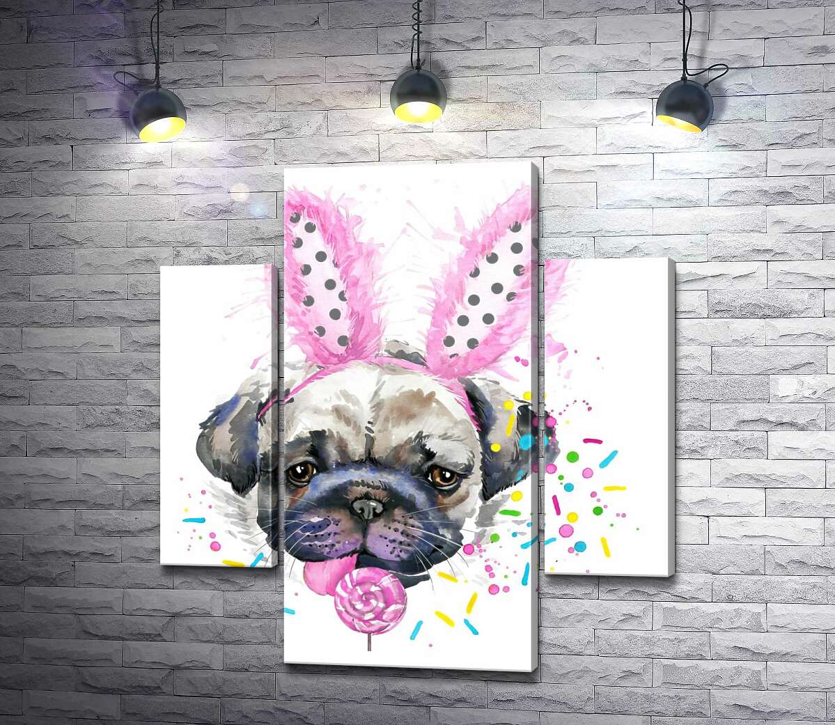 

Модульная картина ArtPoster Мопс с заячьими ушками лижет леденец 131x144 см Модуль №7