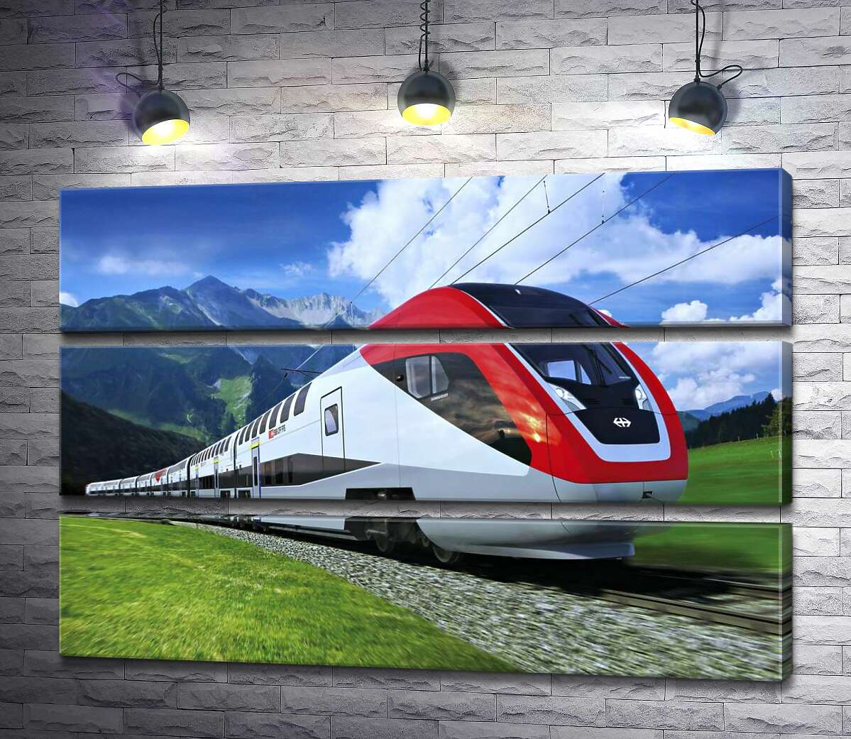

Модульная картина ArtPoster Новейший поезд несется по железнодорожному пути среди зеленых гор 100x69 см Модуль №13