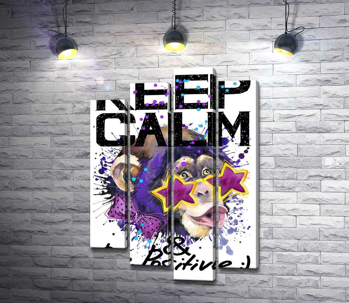 

Модульная картина ArtPoster Обезьяна в звездных очках среди надписи "keep calm and be positive" 100x147 см Модуль №21