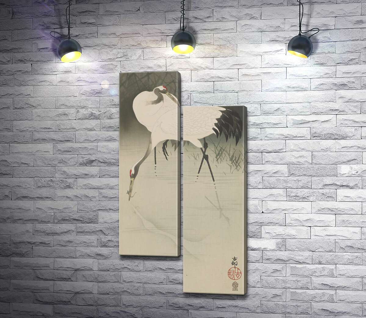 

Модульная картина ArtPoster Пара журавлей в камышах (Pair of cranes in reeds) – Охара Косон (Ohara Koson) 130x248 см Модуль №5