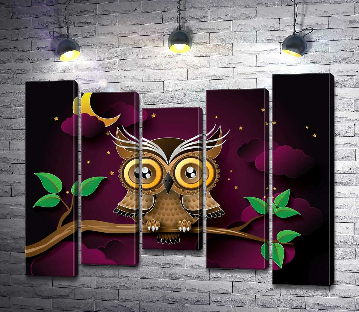 

Модульная картина ArtPoster Пернатая сова сидит на ветке под звездным небом 130x100 см Модуль №28
