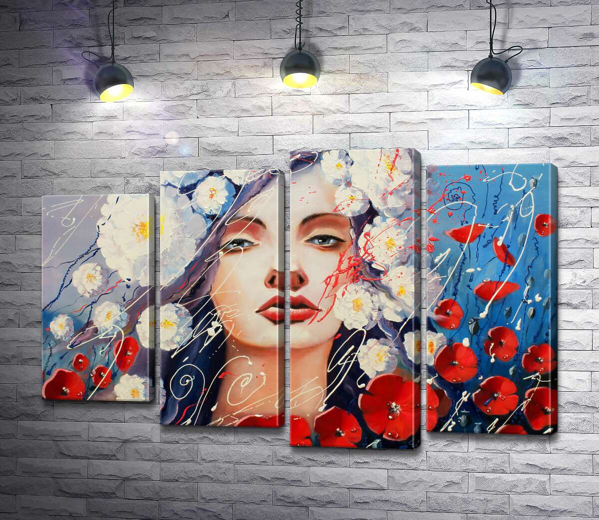 

Модульная картина ArtPoster Портрет девушки, украшенной белыми георгинами и красными маками 80x54 см Модуль №21