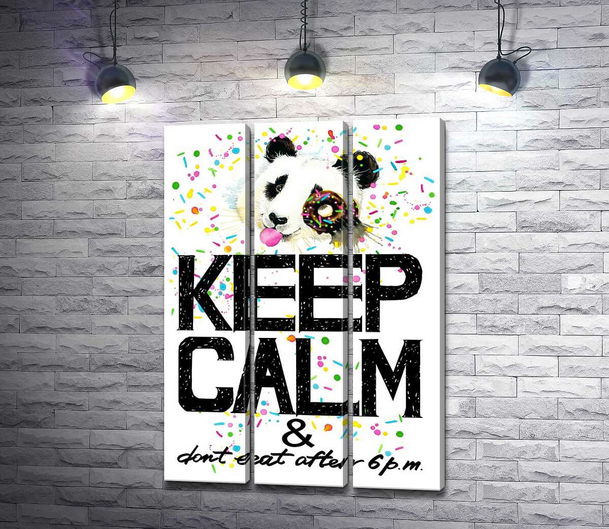 

Модульная картина ArtPoster Панда с мягким донатсом над надписью "keep calm and don't eat after 6 p.m." 102x146 см Модуль №11