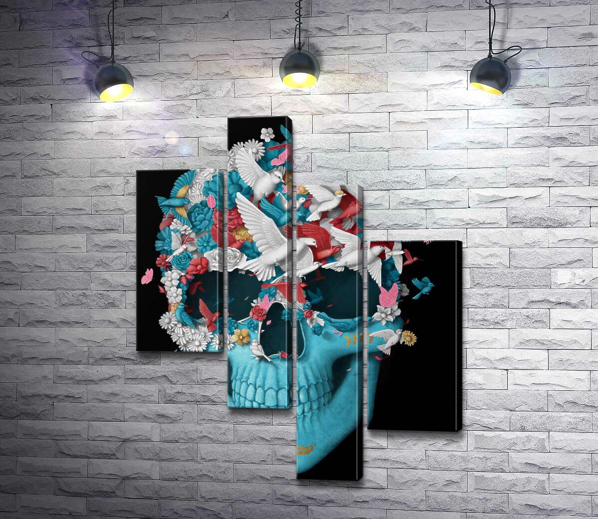 

Модульная картина ArtPoster Полет птиц сквозь цветочное поле на голубом черепе 100x131 см Модуль №20