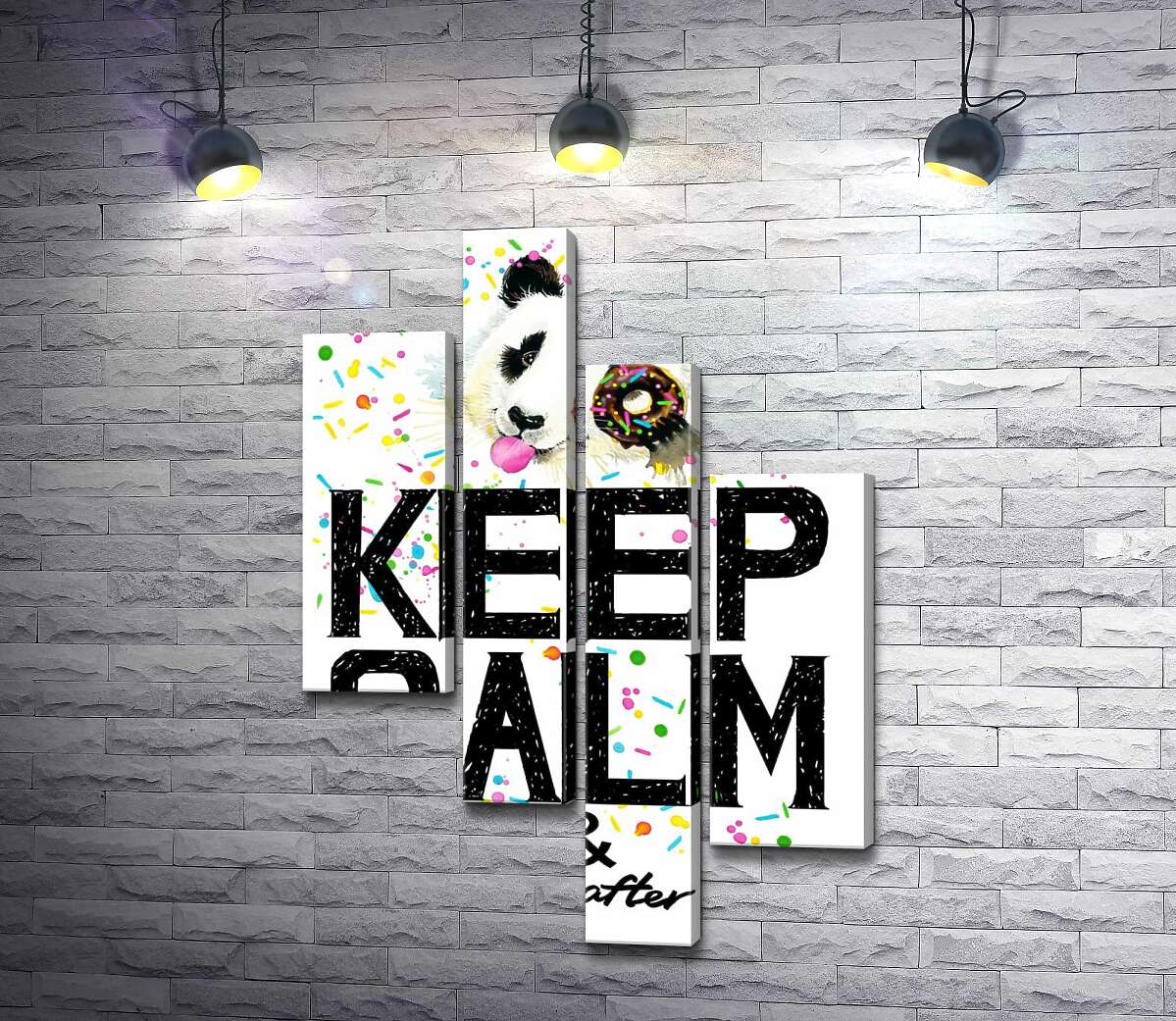 

Модульная картина ArtPoster Панда с мягким донатсом над надписью "keep calm and don't eat after 6 p.m." 130x191 см Модуль №20