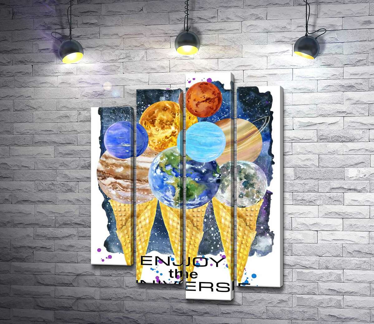

Модульная картина ArtPoster Планеты Солнечной системы собрались на рожках мороженого с надписью "enjoy the universe" 80x111 см Модуль №21