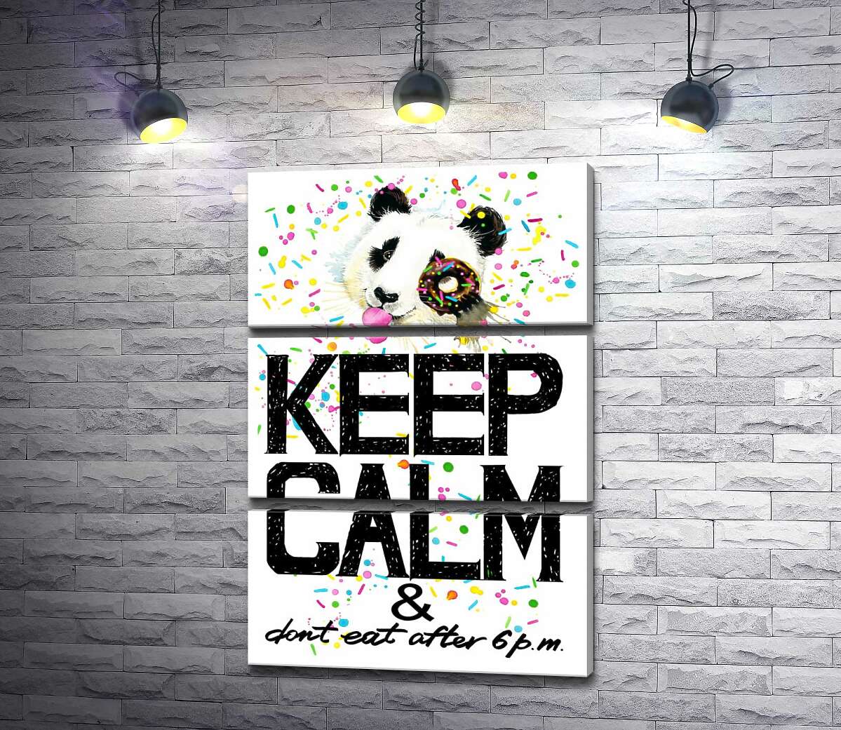 

Модульная картина ArtPoster Панда с мягким донатсом над надписью "keep calm and don't eat after 6 p.m." 130x192 см Модуль №13