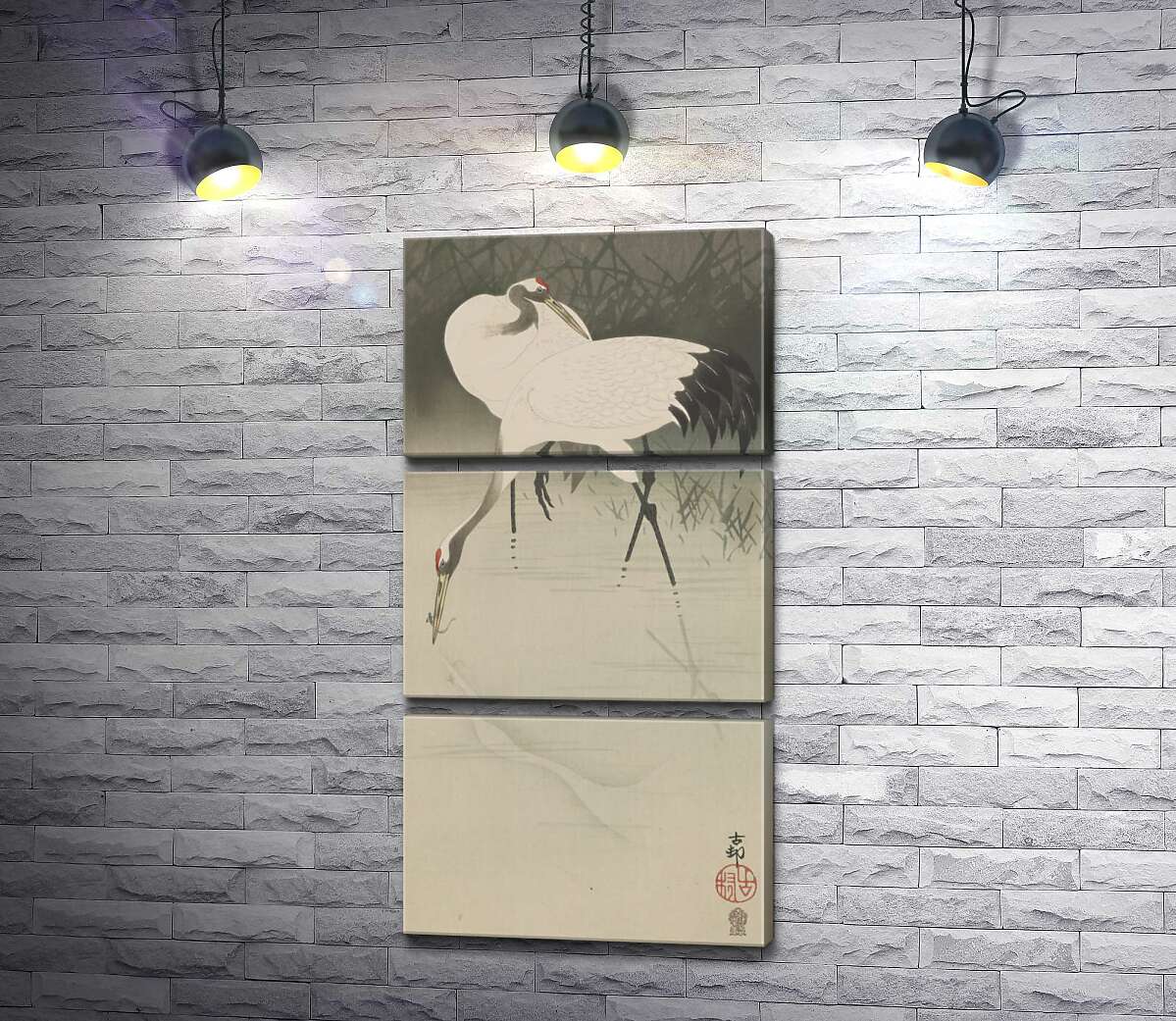 

Модульная картина ArtPoster Пара журавлей в камышах (Pair of cranes in reeds) – Охара Косон (Ohara Koson) 130x249 см Модуль №13