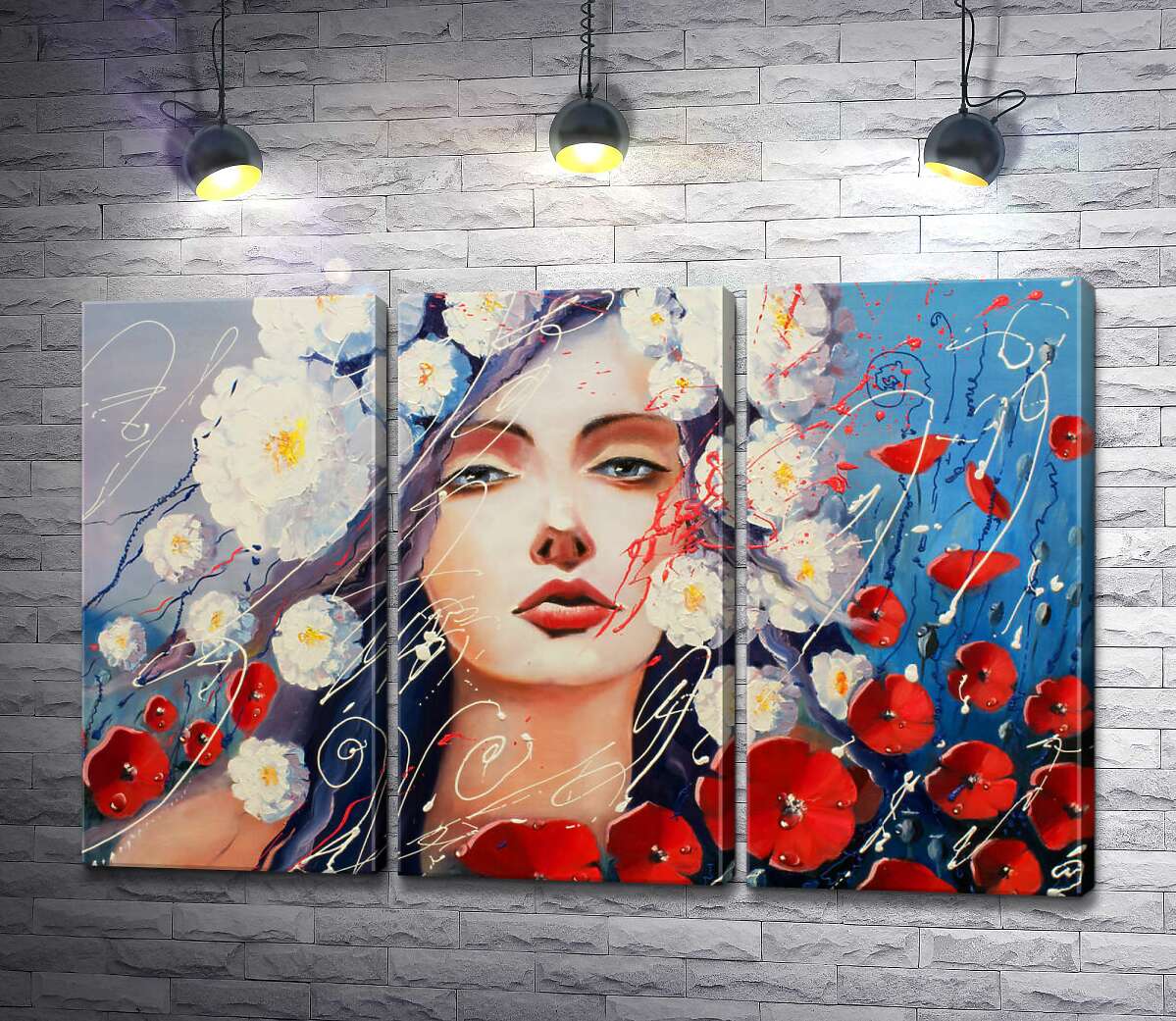 

Модульная картина ArtPoster Портрет девушки, украшенной белыми георгинами и красными маками 132x86 см Модуль №11