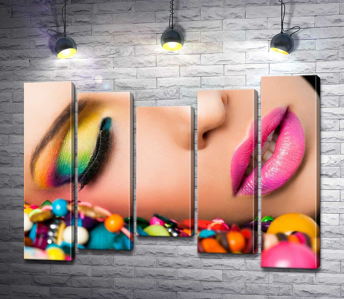 

Модульная картина ArtPoster Радужные оттенки теней на веках девушки в сочетании с яркими бусинами 130x97 см Модуль №28