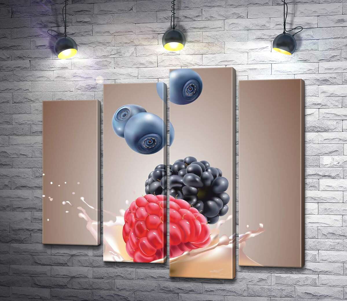 

Модульная картина ArtPoster Свежие ягоды падают на нежно-белую поверхность молока 132x119 см Модуль №21