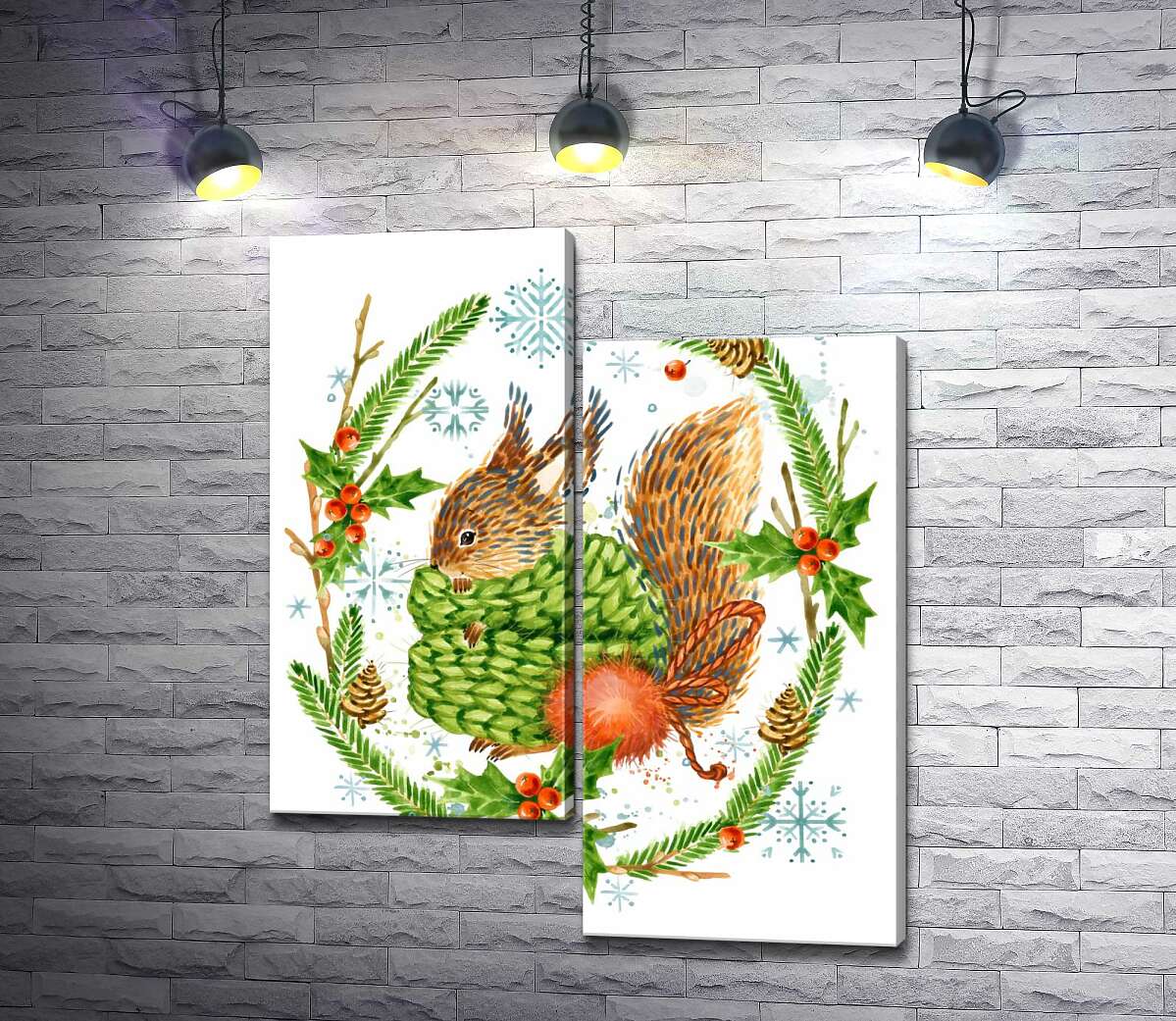 

Модульная картина ArtPoster Пушистая белка закуталась в шарф среди венка из остролиста и елки 130x159 см Модуль №5