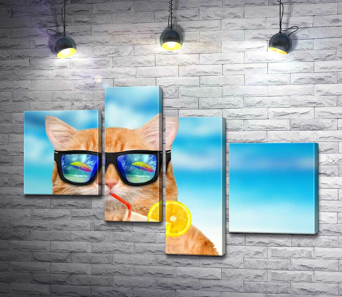 

Модульная картина ArtPoster Рыжий кот в отпуске пьет фреш на пляже 130x87 см Модуль №20