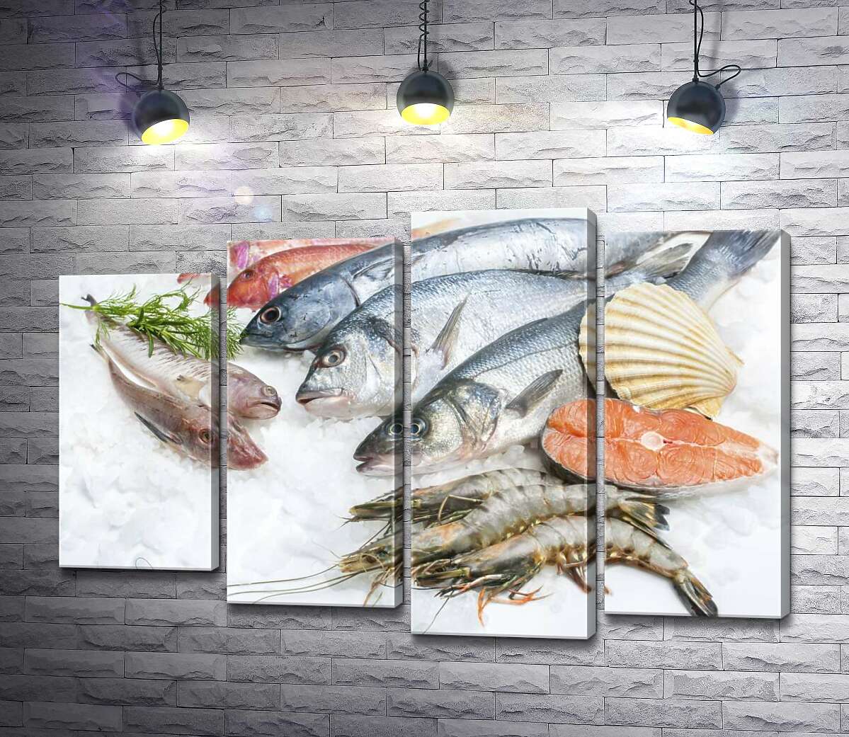 

Модульная картина ArtPoster Разнообразие морской рыбы и креветок на холоде льда 132x89 см Модуль №21