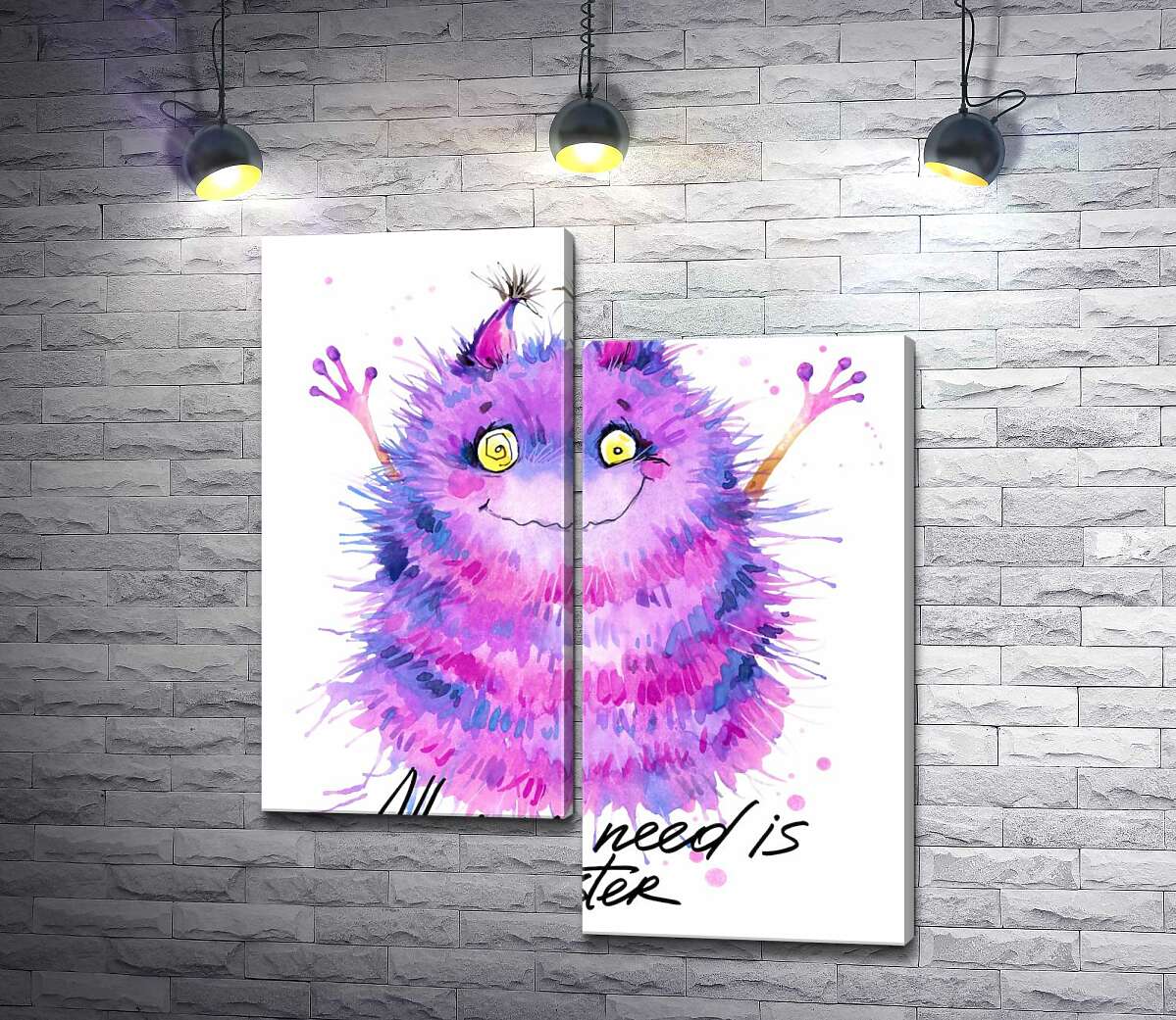 

Модульная картина ArtPoster Пушистый фиолетовый монстр с надписью "all you need is monster" 130x155 см Модуль №5